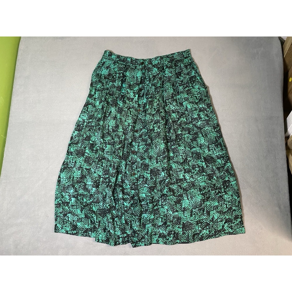 Vintage York Fair Women's Silk Button Front Midi Skirt Pockets Size 16 Abstract
